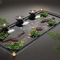 Water Fountain With Lotus Leaves Koi Fish Flowing Water And Lantern Lights In Garden Setting