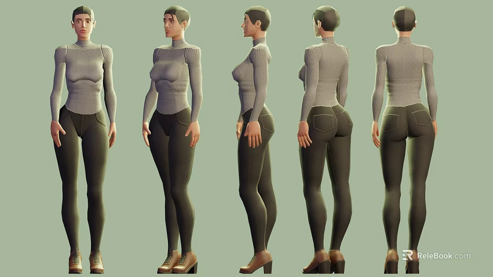 Woman Figure in Gray Top and Dark Pants with High Heels Displayed from Multiple Angles 3d model 