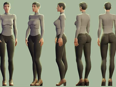 Woman Figure in Gray Top and Dark Pants with High Heels Displayed from Multiple Angles 3d model