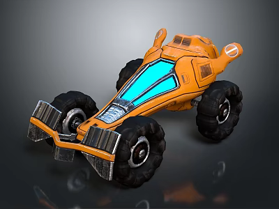 Orange Futuristic Sci Fi Vehicle With Large Tires And Blue Transparent Panels 3d model