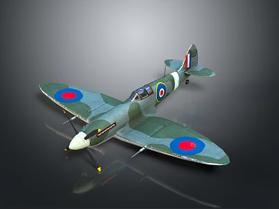 Detailed Spitfire Model Airplane with Green Camouflage Paint and RAF Roundels on Dark Background 3d model