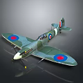 Detailed Spitfire Model Airplane with Green Camouflage Paint and RAF Roundels on Dark Background