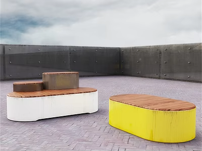Outdoor Chairs With Wooden Tops White Yellow Brown Bases Step Shaped Oval Design 3d model