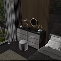 Elegant Black And White Dressing Table With Round Stool Mirror And Stone Wall