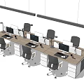 Modern Office Desk Setup With Multiple Monitors Office Chairs And Hanging Lights 3d model