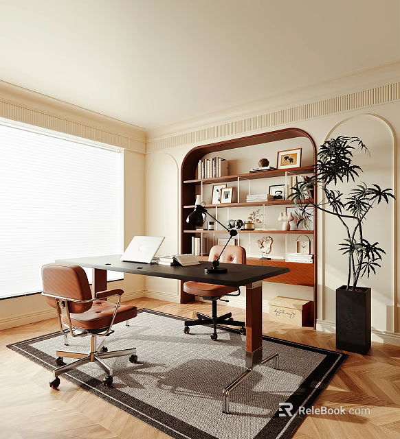 Modern Study Room Interior With Large Window Wooden Desk Built-in Bookshelf And Potted Plant 3d model 