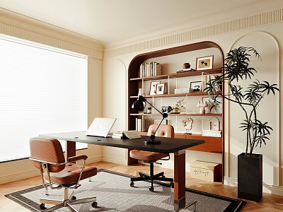 Modern Study Room Interior With Large Window Wooden Desk Built-in Bookshelf And Potted Plant 3d model