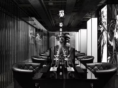 Modern Open Public Office Space With Black Leather Sofas Long Table Art Paintings Pendant Lights 3d model