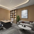 Public Office Space With Work Desks Computers Lounge Sofas Round Table Wooden Walls And Carpet 3d model