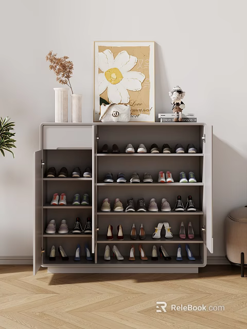 Modern Open Shoe Cabinet with Multiple Shelves and Decorative Items on Top 3d model 