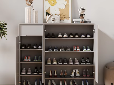 Modern Open Shoe Cabinet with Multiple Shelves and Decorative Items on Top 3d model