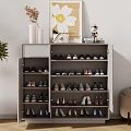 Modern Open Shoe Cabinet with Multiple Shelves and Decorative Items on Top