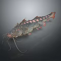 Long Whiskered Dark Fish With Red Spots And Red Tail On Gray Background 3d model