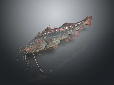 Long Whiskered Dark Fish With Red Spots And Red Tail On Gray Background 3d model