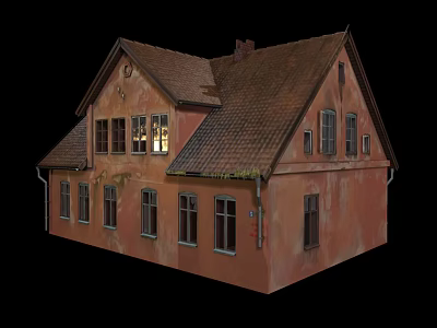 Cartoon Style Vintage House With Brown Tiled Roof Reddish Brown Walls Multiple Windows And Chimney 3d model
