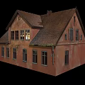 Cartoon Style Vintage House With Brown Tiled Roof Reddish Brown Walls Multiple Windows And Chimney