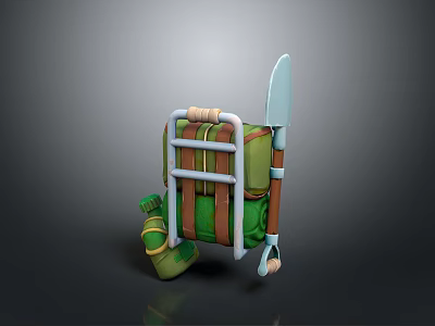 Practical Green Backpack With Metal Frame Small Bottle And Shovel For Daily Use 3d model