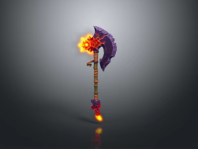 Enchanted Flaming Axe Featuring Purple Blade Brown Handle And Fire Effects 3d model