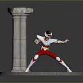 Warrior in Red White Costume Striking Battle Pose by Ancient Stone Pillars on Round Platform