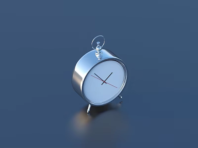 Silver Alarm Clock With Round Dial White Face Red Hands Metal Hook On Dark Background 3d model