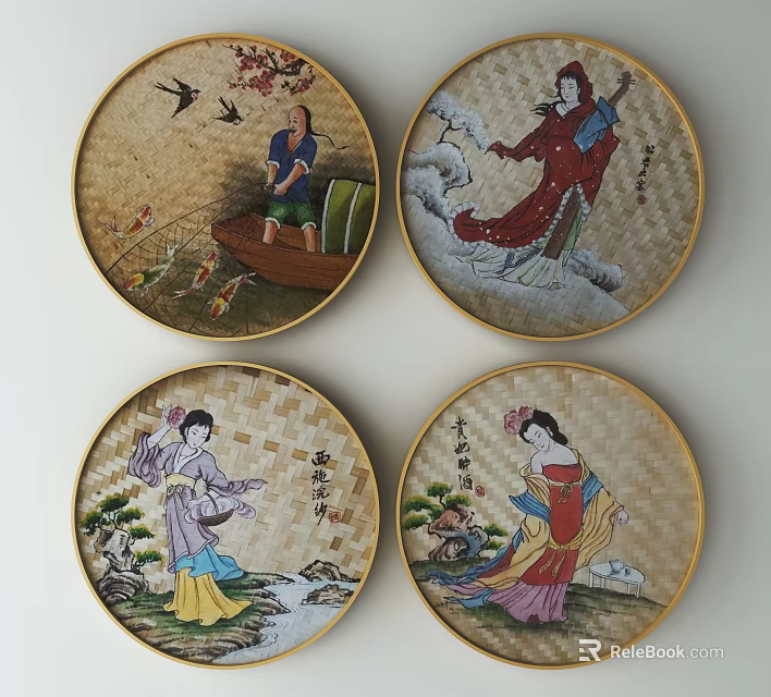Round Framed Paintings Featuring Traditional Figures Bamboo Woven Background And Golden Frames 3d model