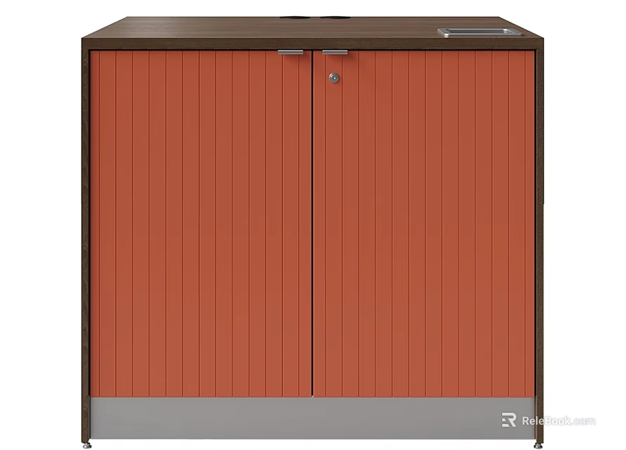 Contemporary Orange And Dark Brown Bookcase With Double Doors Gray Base And Wooden Top 3d model 