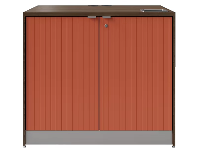 Contemporary Orange And Dark Brown Bookcase With Double Doors Gray Base And Wooden Top 3d model