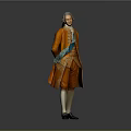 Man in Historical Orange Coat With Green Sash White Stockings Black Shoes On Grey Background
