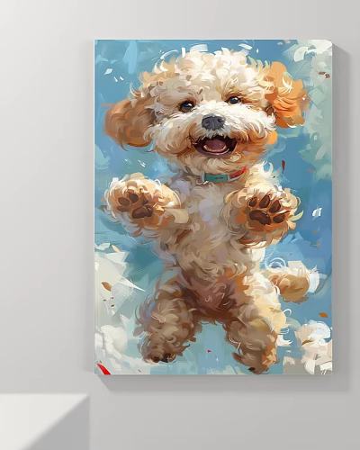 Fluffy Puppy Animal Painting With Raised Paws Cheerful Expression Blue Background Oil Style 3d model