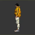 3D Character Design Wearing Black Cap Yellow Puffer Jacket And White Pants With Biological Patterns