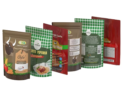 Various Food Packages Including Coffee Chili And Black Pepper With Colorful Designs 3d model