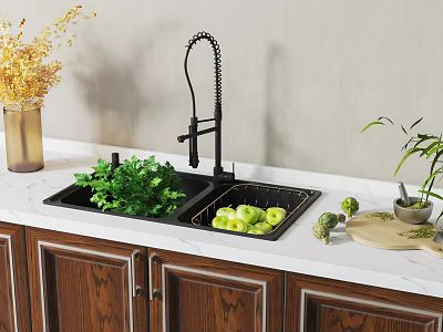Black Double Bowl Kitchen Sink With Faucet And Fresh Vegetables On White Countertop 3d model