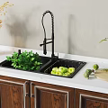 Black Double Bowl Kitchen Sink With Faucet And Fresh Vegetables On White Countertop