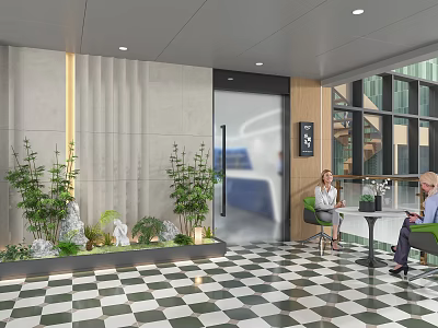 Modern Reception Area Interior With Green Plants Black White Checkered Floor Glass Walls And Staircase 3d model