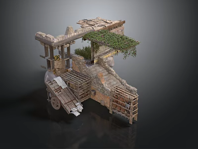 Ancient Stone Structure With Wooden Platform Steps Green Vines And Wheel Components 3d model