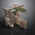 Ancient Stone Structure With Wooden Platform Steps Green Vines And Wheel Components