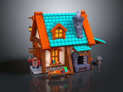 Cartoon Style House Scene with Orange Roof Blue Tiles Chimney Windows and Front Table Decorations 3d model