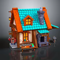 Cartoon Style House Scene with Orange Roof Blue Tiles Chimney Windows and Front Table Decorations
