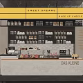 Stylish Modern Cafe Bar Counter With Exquisite Dessert Display And Warm Illuminated Storage Shelves