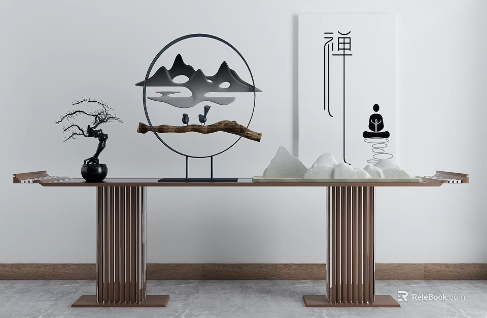 Chinese Zen Console Table With Circular Metal Mountain Decoration Tree Branch And Black Potted Plant 3d model 