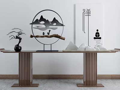 Chinese Zen Console Table With Circular Metal Mountain Decoration Tree Branch And Black Potted Plant 3d model