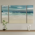 Triptych Landscape Painting With Beach Ocean Waves White Clouds And Blue Sky 3d model