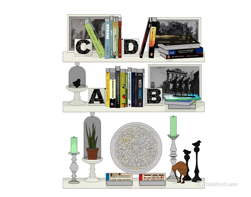 Decorative Ornament Set With Alphabet Letters Books Photo Frames Glass Cloches Candles And Deer Figurine 3d model 