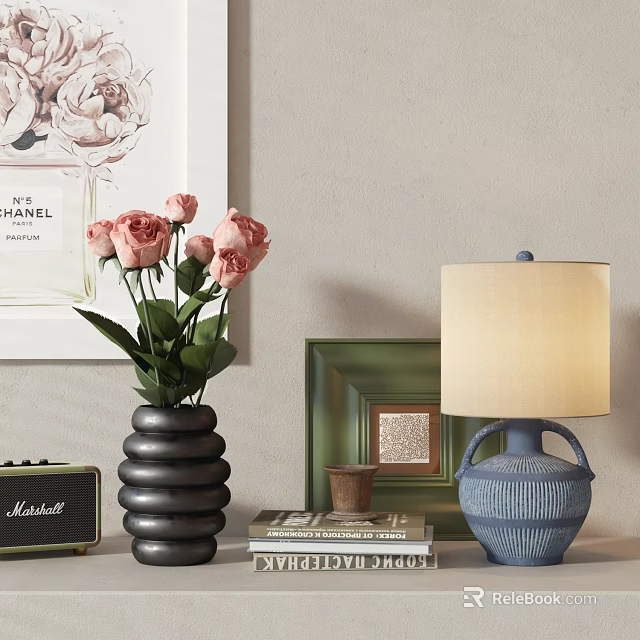 Elegant Decorative Ornament Set With Pink Roses Black Vase Green Frame Blue Lamp And Books 3d model 