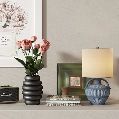 Elegant Decorative Ornament Set With Pink Roses Black Vase Green Frame Blue Lamp And Books 3d model