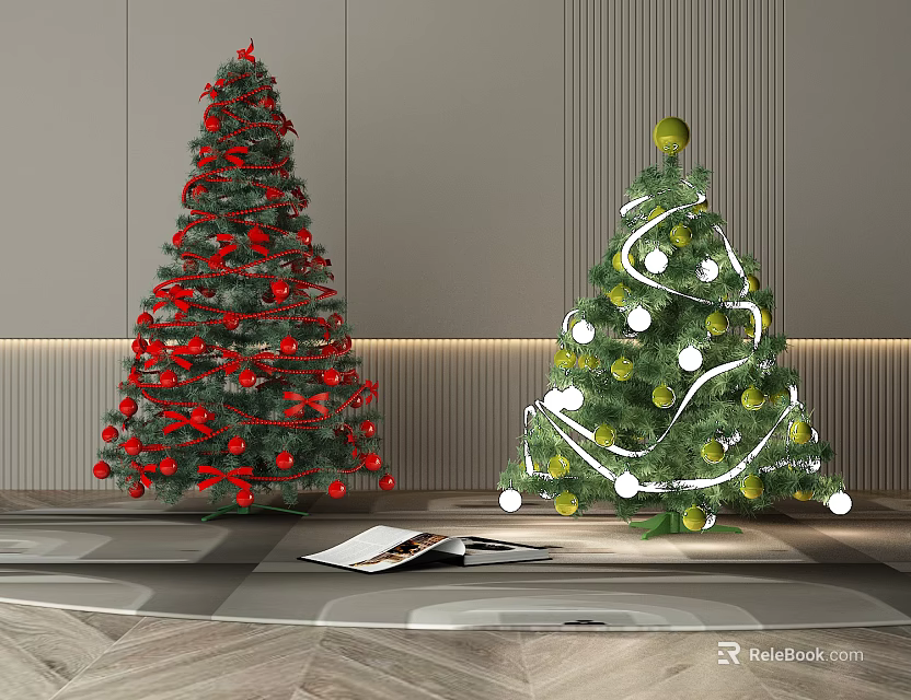 Two Arbor Christmas Trees Decorated With Red Baubles Green Ornaments And White Ribbons Indoors 3d model 