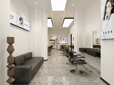 Modern Beauty Salon Interior With Black Leather Sofa Marble Floor And Barber Chairs 3d model