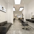 Modern Beauty Salon Interior With Black Leather Sofa Marble Floor And Barber Chairs