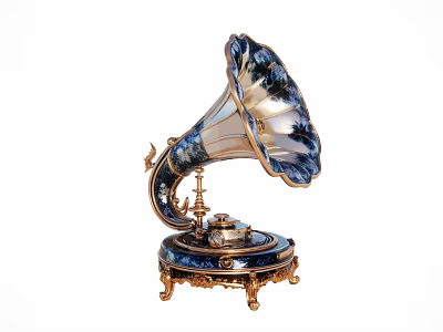 Vintage Gramophone With Blue And White Horn Golden Decorations And Carved Base 3d model