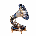 Vintage Gramophone With Blue And White Horn Golden Decorations And Carved Base
